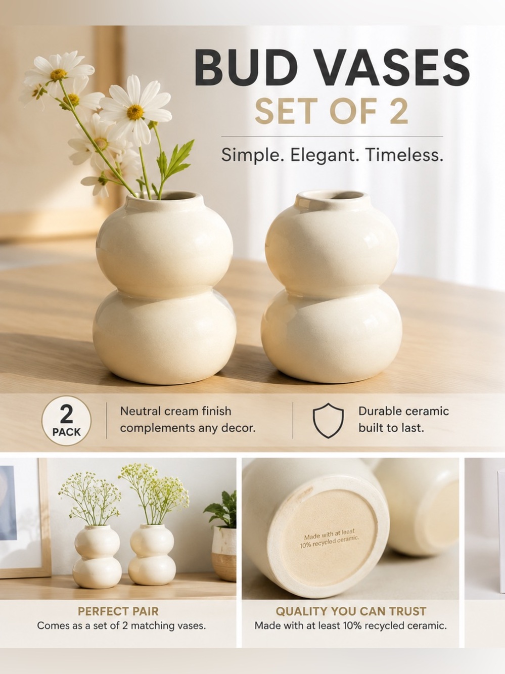 Room Essentials Neutral Cream Double-Gourd Bud Vases - Set of 2